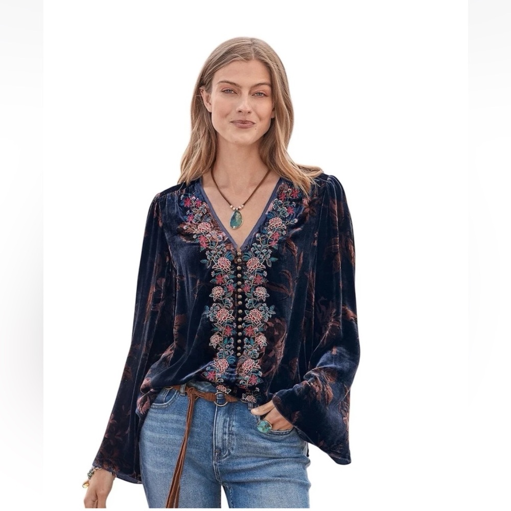 Sundance Floral Embroidered Bohemian Velvet Flared Sleeves Top S Peasant Hippie